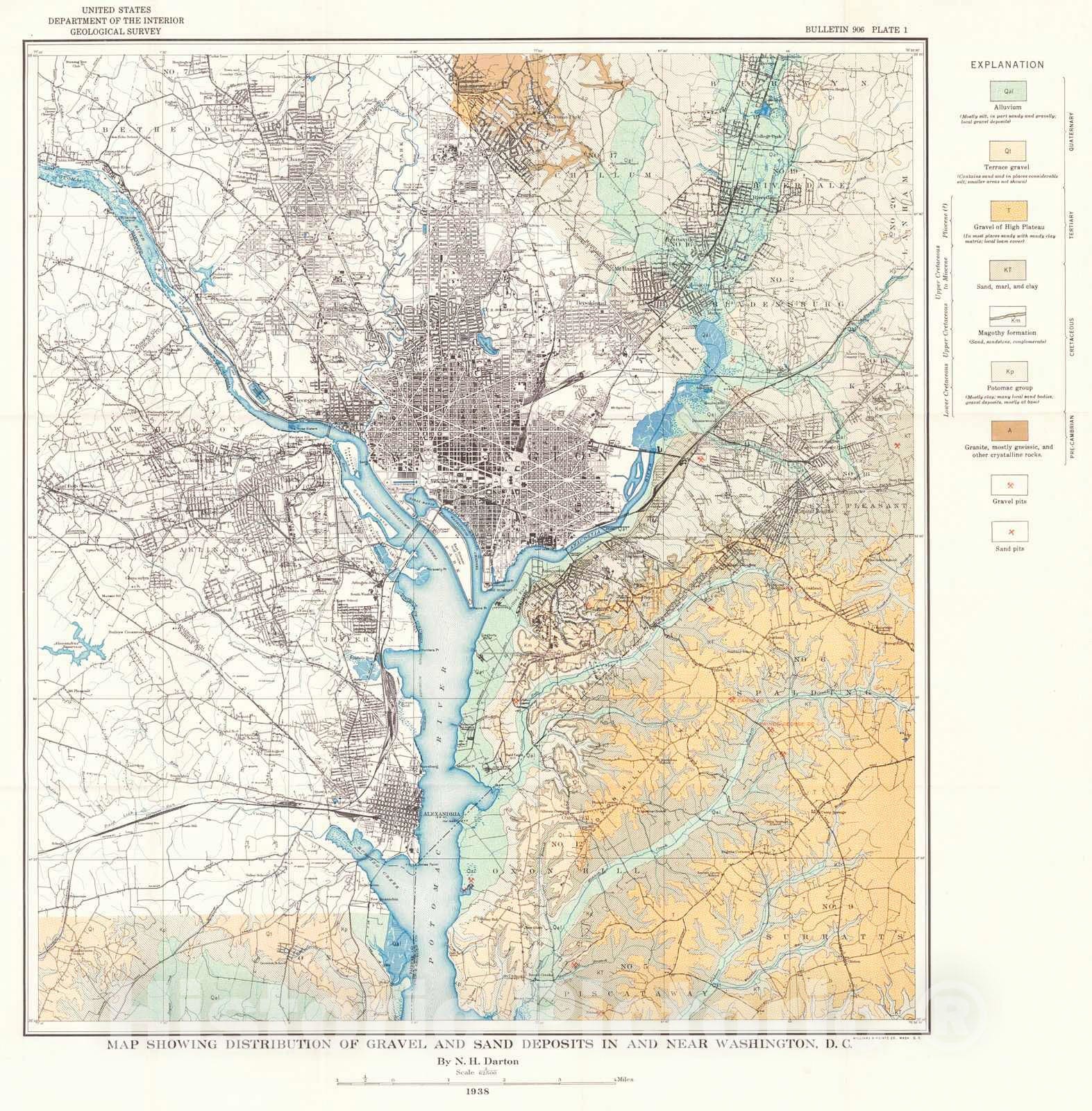 Historic Map : 1938 Map showing distribution of gravel and sand deposits in and near Washington, D.C. : Vintage Wall Art