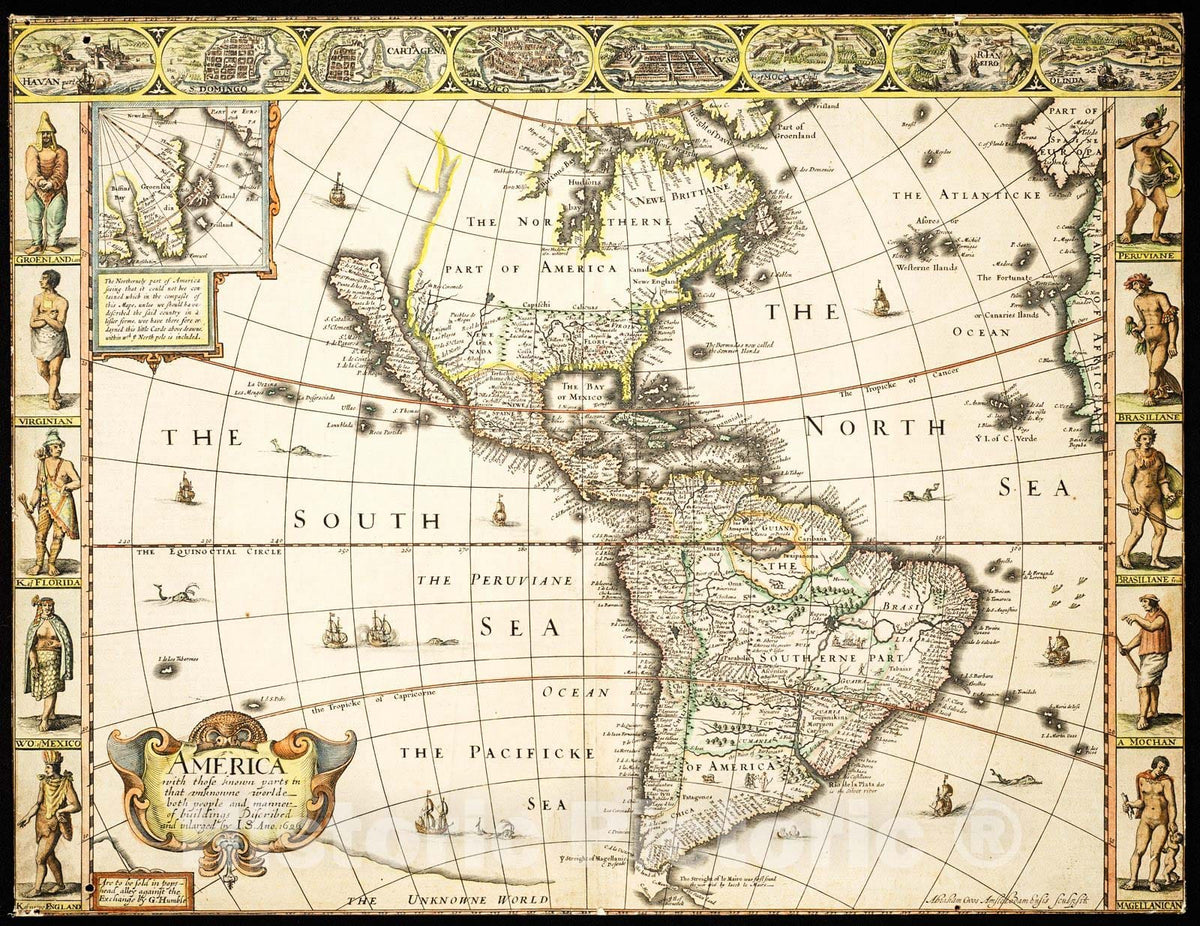 Historic Map : 1626 America with Those Known Parts in That Unknowne Worlde Both People and Manner of Buildings : Vintage Wall Art
