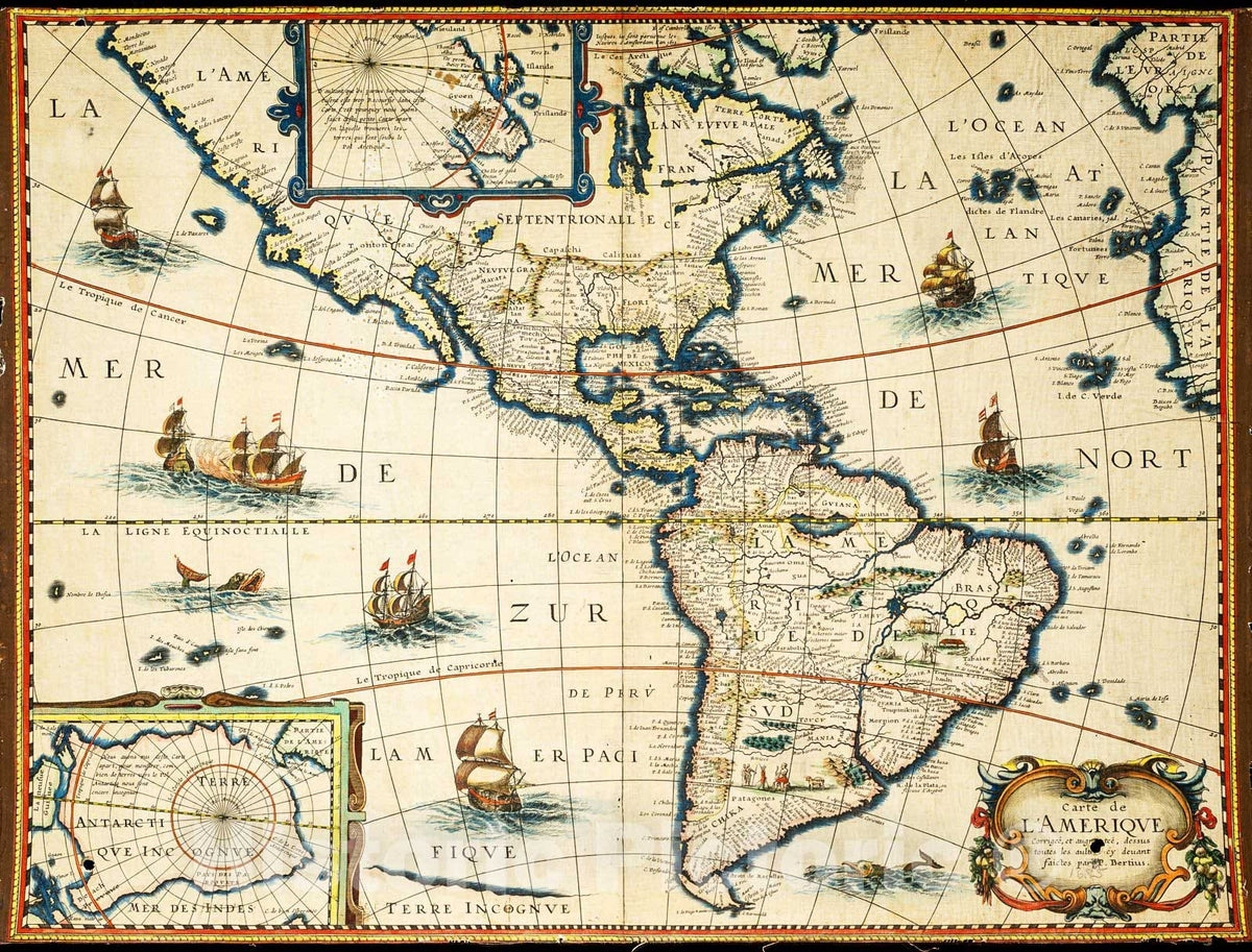 Historic Map : 1675 Carte L'Amerique : corrigee, et augmentee / dessus toutes les aultres cy devant faictes par P. Bertius. : Vintage Wall Art
