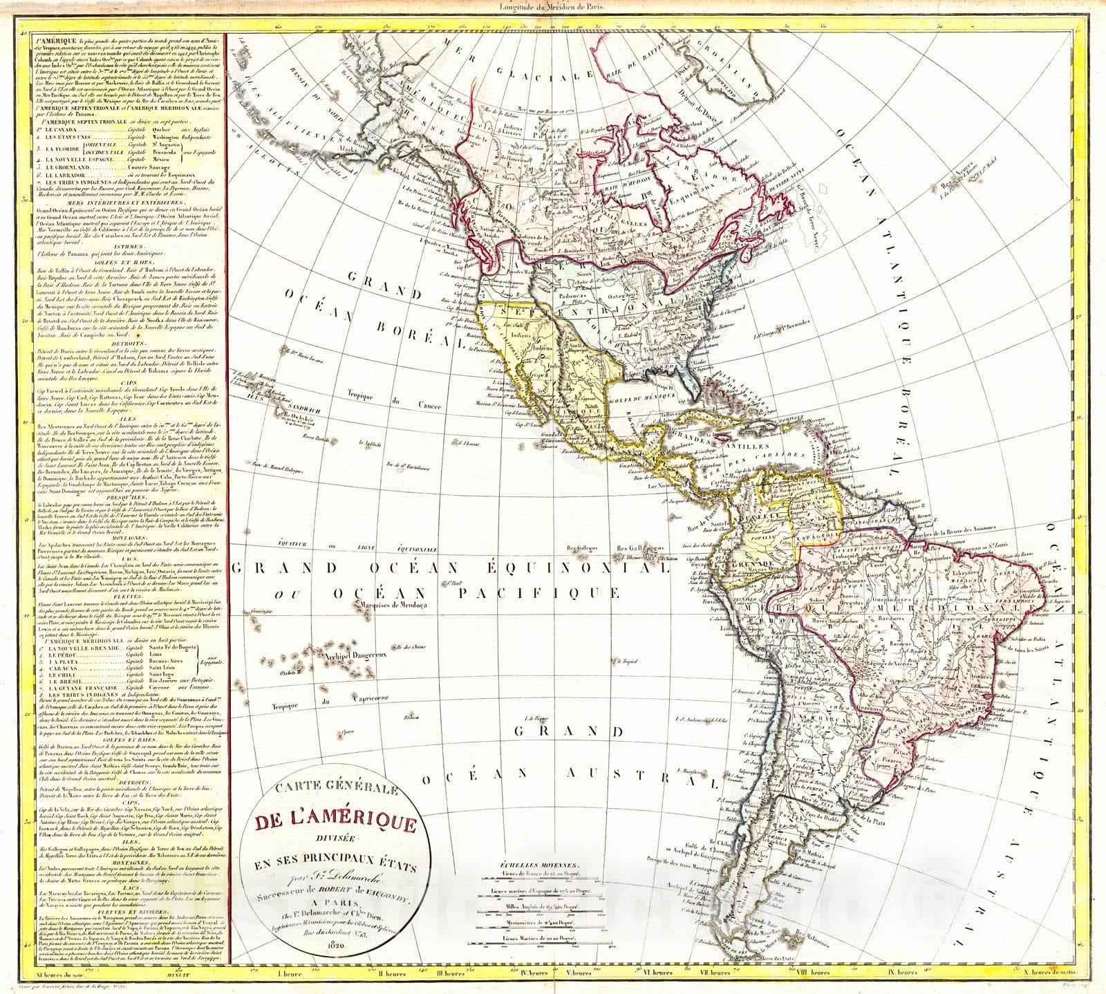 Historic Map : 1820 Carte Generale de L'Amerique : Vintage Wall Art