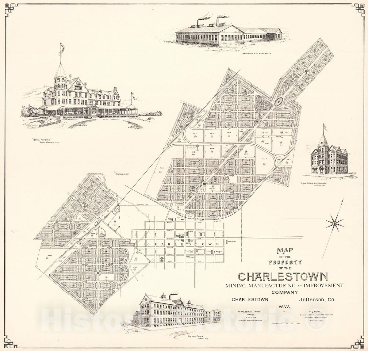 Historic Map : 1891 Map of the Property of the Charlestown Mining, Manufactoring and Improvement Co. : Vintage Wall Art
