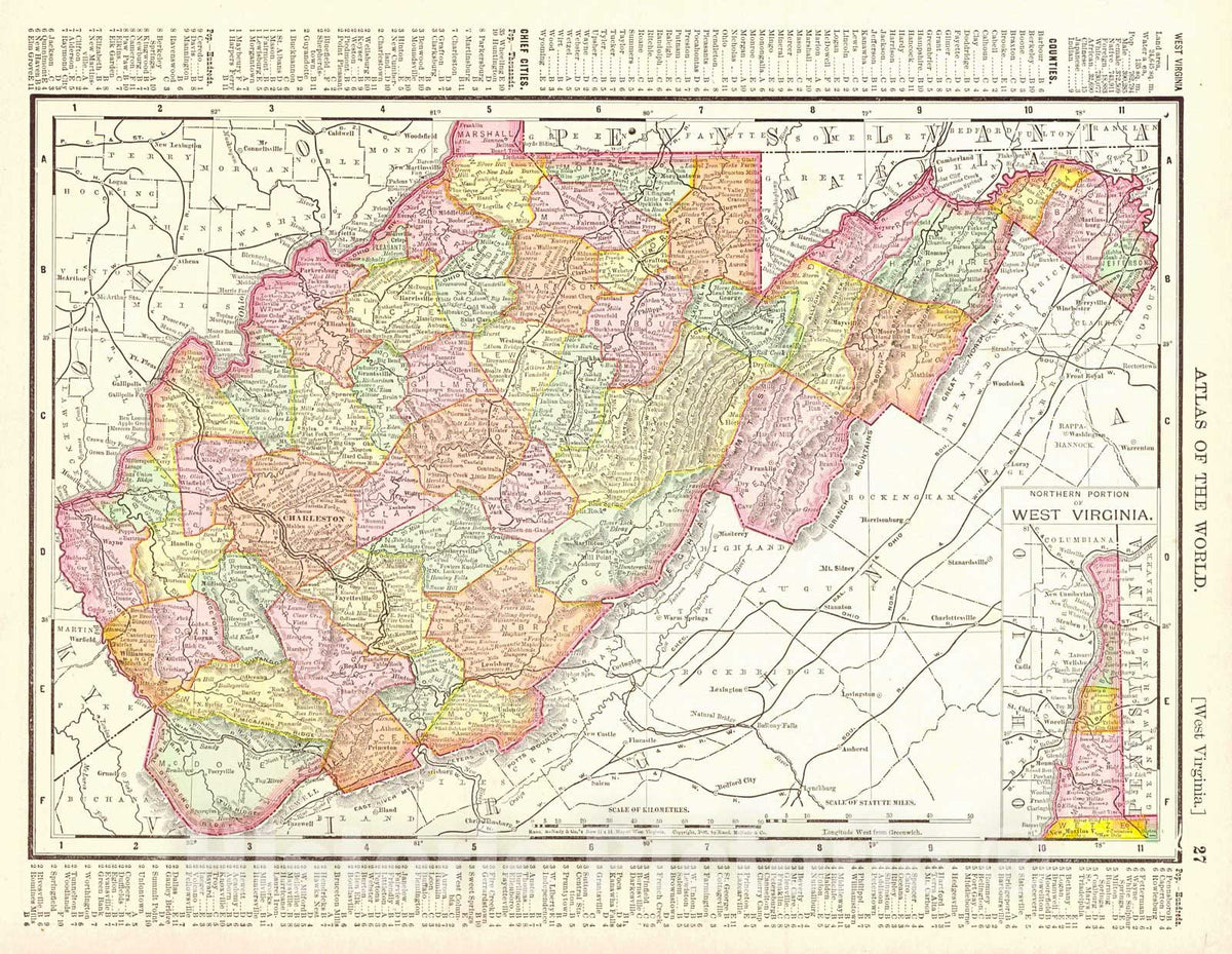 Historic Map : 1898 Rand McNally and Co.'s New Map of West Virginia : Vintage Wall Art