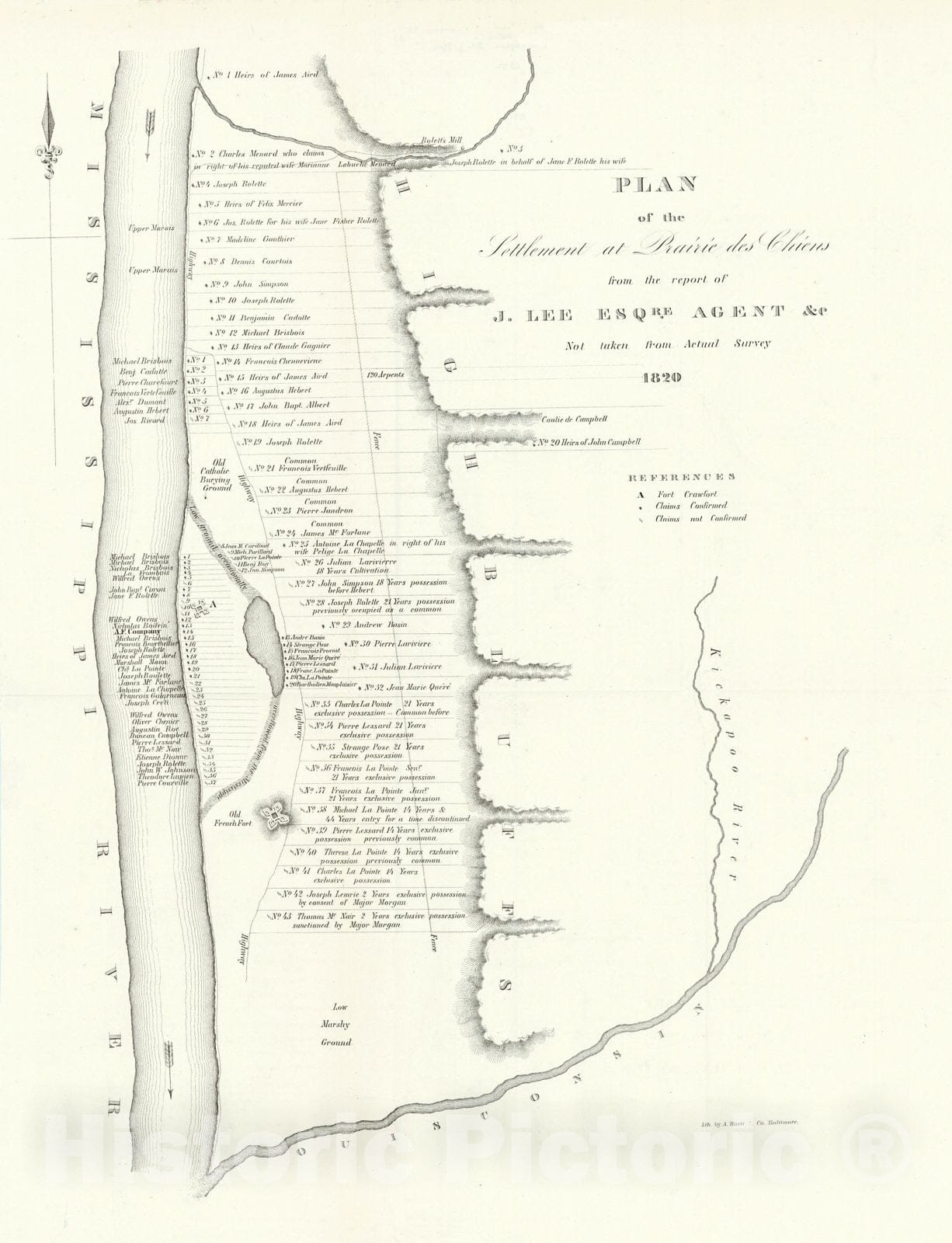 Historic Map : 1860 Plan of the Settlement at Prairie des Chiens from the Report of J. Lee Esqre. Agent and not taken from actual survey of 1820 : Vintage Wall Art