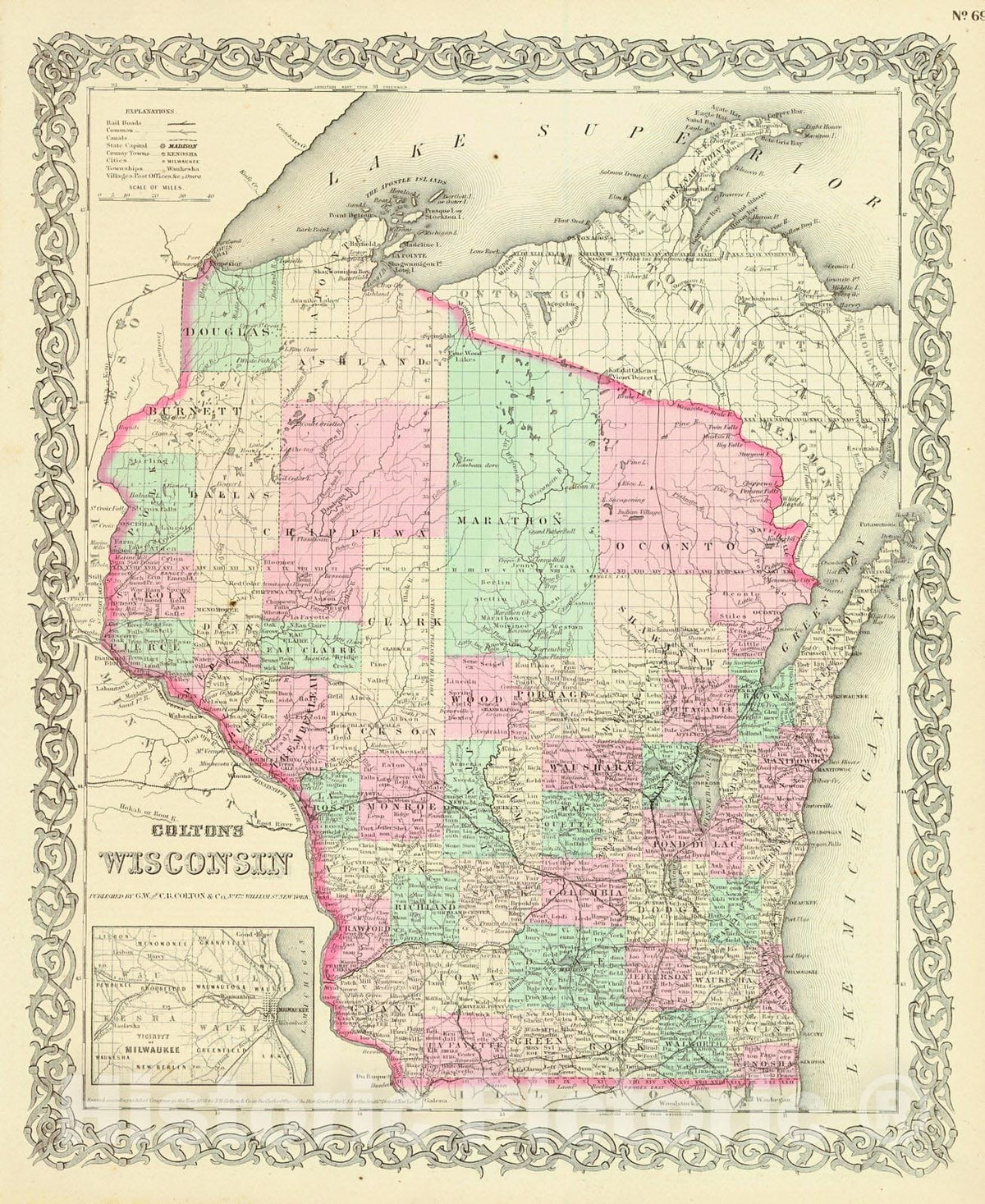 Historic Map : 1869 Colton's Wisconsin : Vintage Wall Art