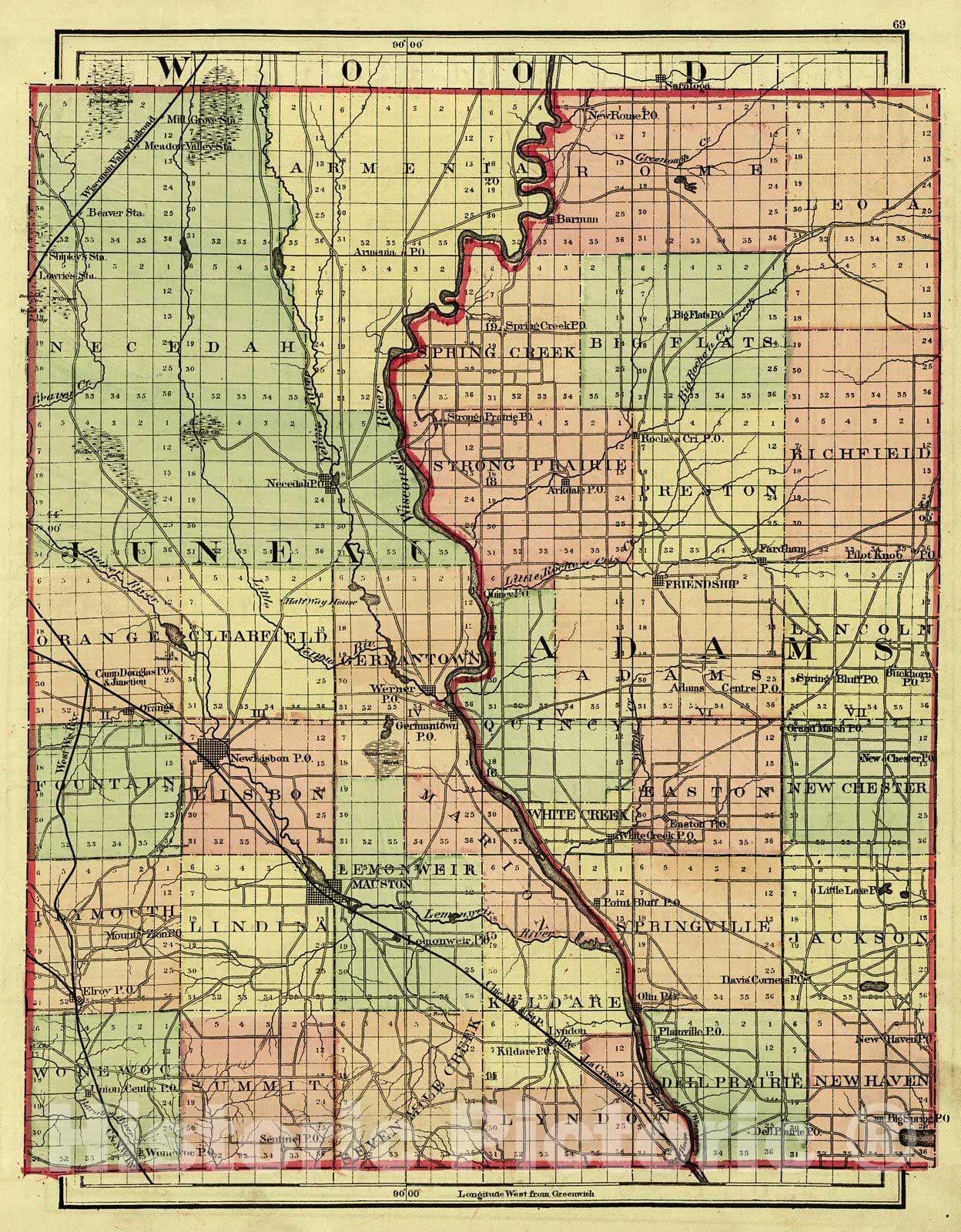 Historic Map : 1876 Juneau and Adams Counties : Vintage Wall Art