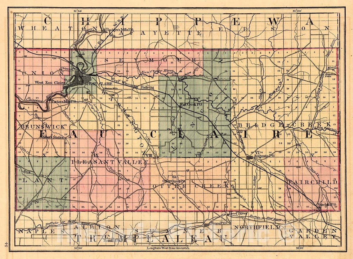 Historic Map : 1876 Eau Claire County : Vintage Wall Art