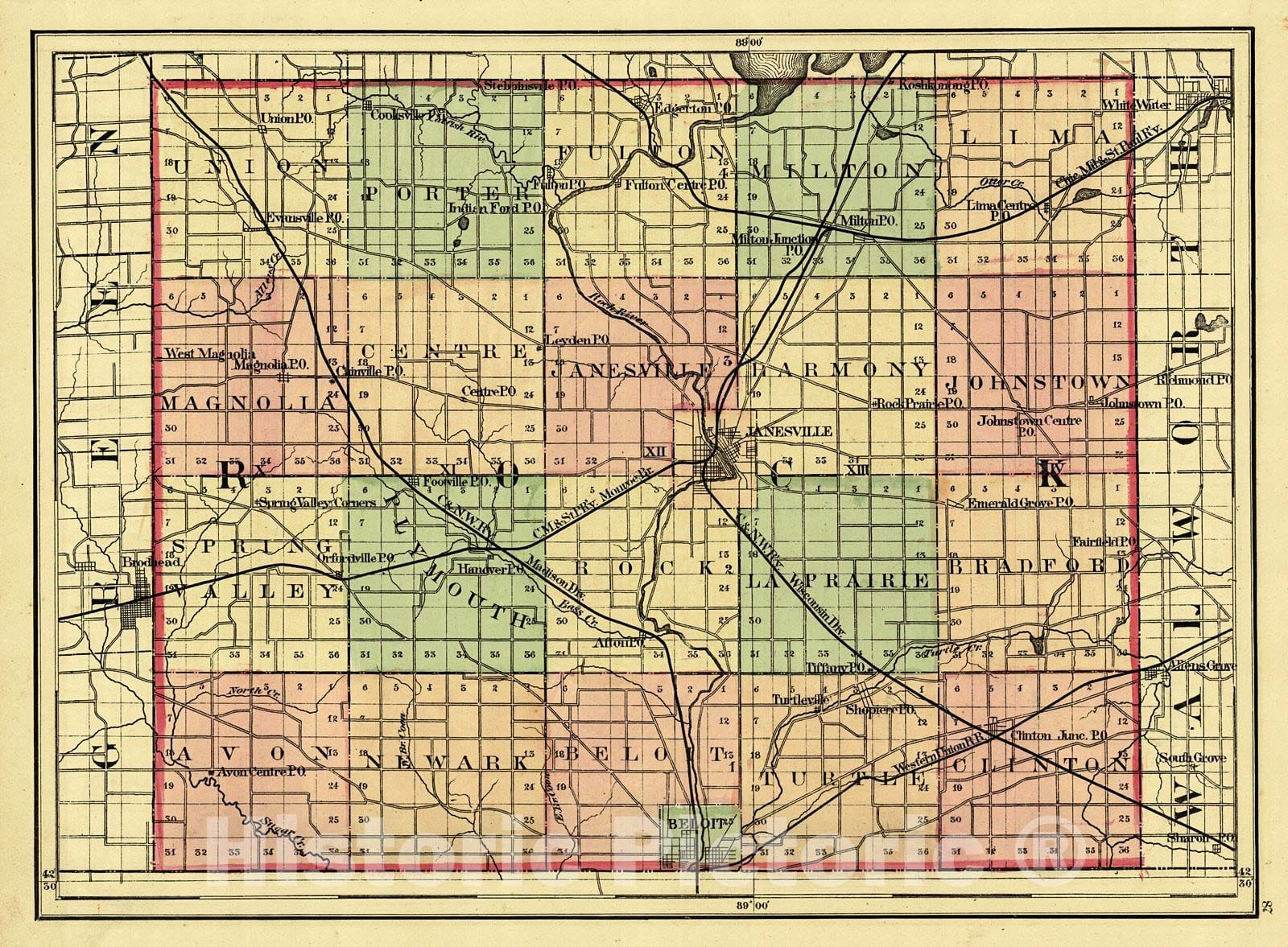 Historic Map : 1876 Rock County : Vintage Wall Art