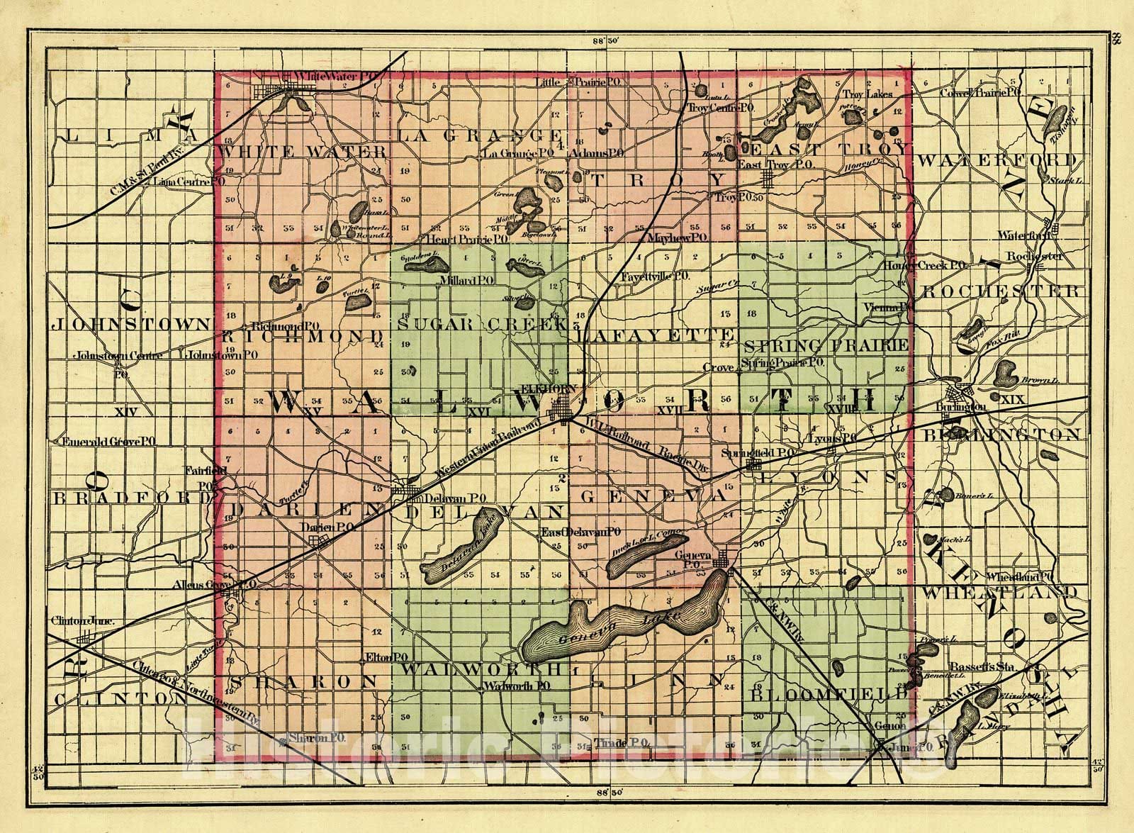 Historic Map : 1876 Walworth County : Vintage Wall Art