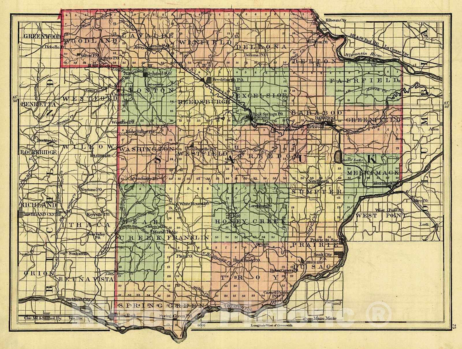 Historic Map : 1876 Sauk County : Vintage Wall Art