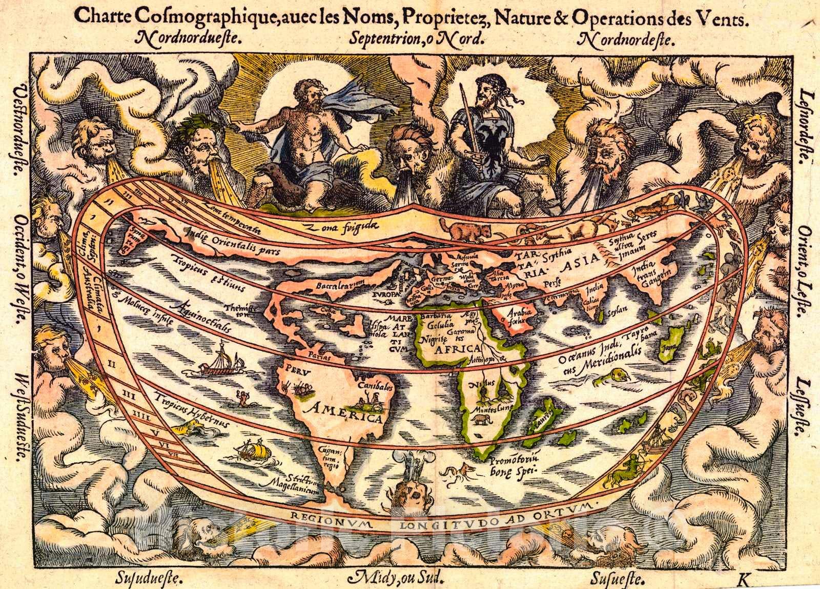 Historic Map : 1544 Charte Cosmographique, aucles Noms, Proprietez, Naure & Operations des Vents : Vintage Wall Art