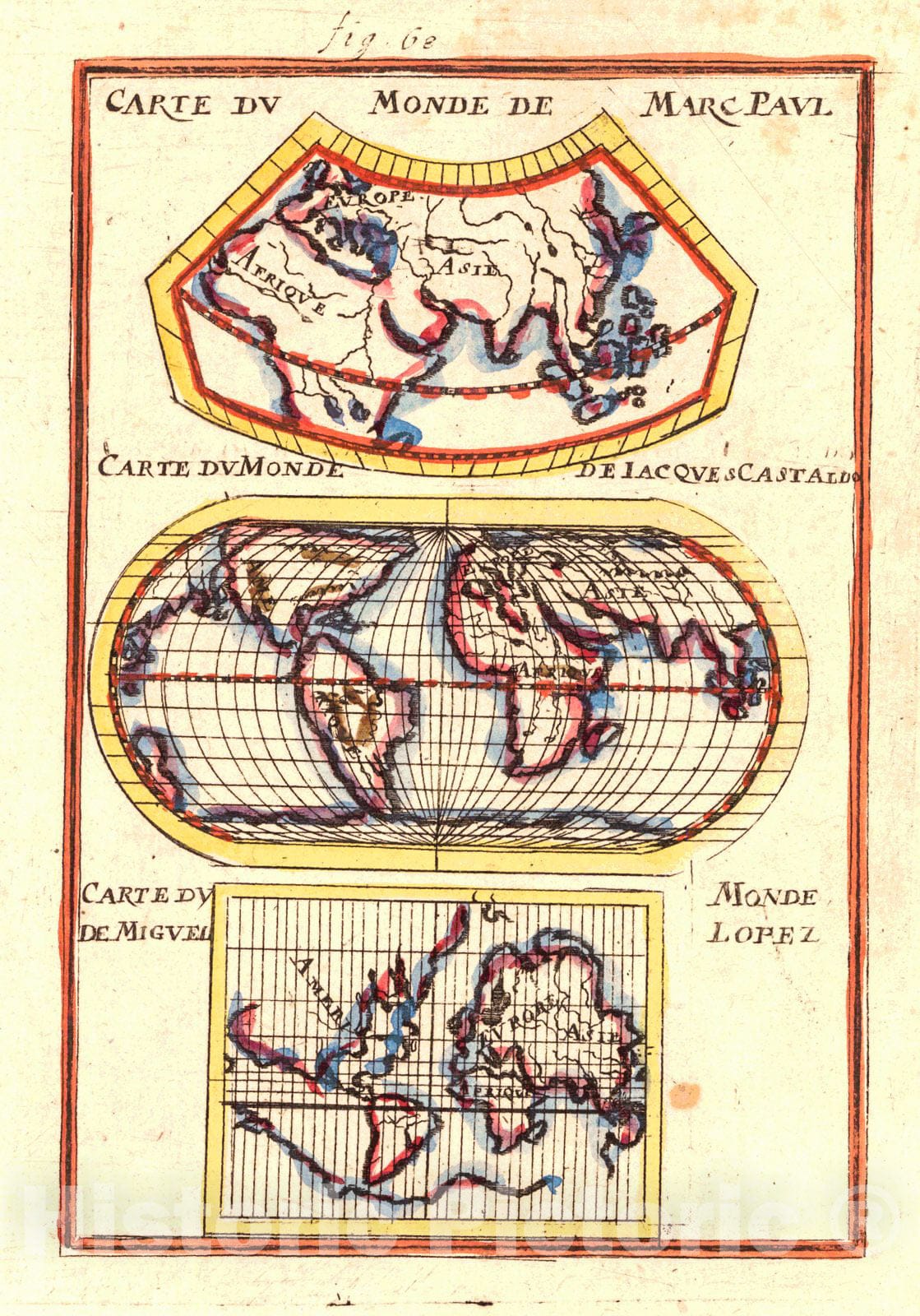 Historic Map : 1683 World by Marco Polo, Jacques Castaldi and Miguel Lopez : Vintage Wall Art