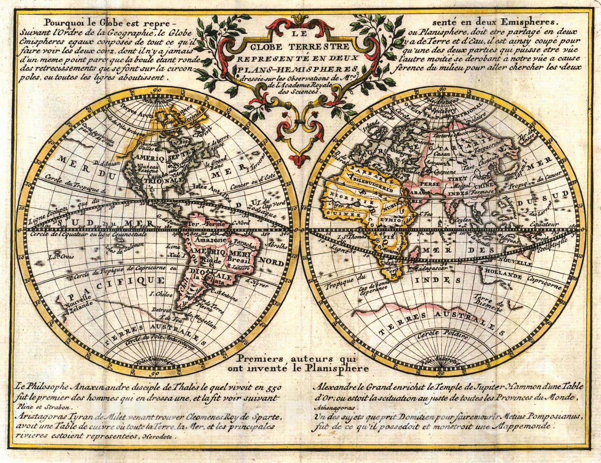 Historic Map : 1740 Le Globe Terrestre represente en deux Plans - Hemispheres : Vintage Wall Art