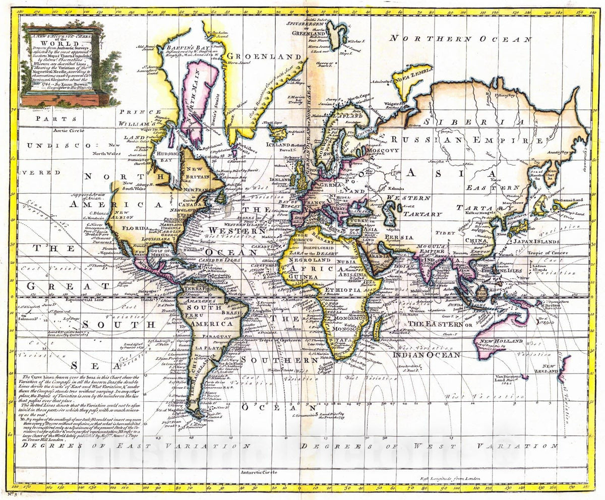Historic Map : 1744 A New and Accurate Chart of the World : Vintage Wall Art