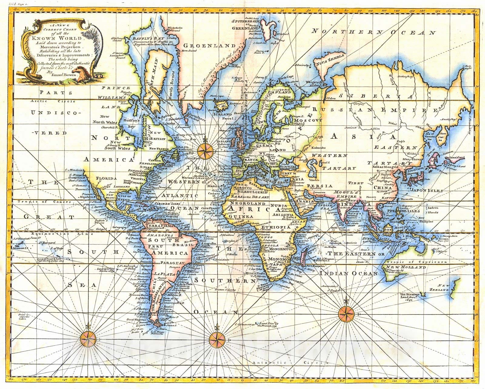 Historic Map : 1744 A New and Correct Chart of the World Laid down according to Mercator's Projection : Vintage Wall Art