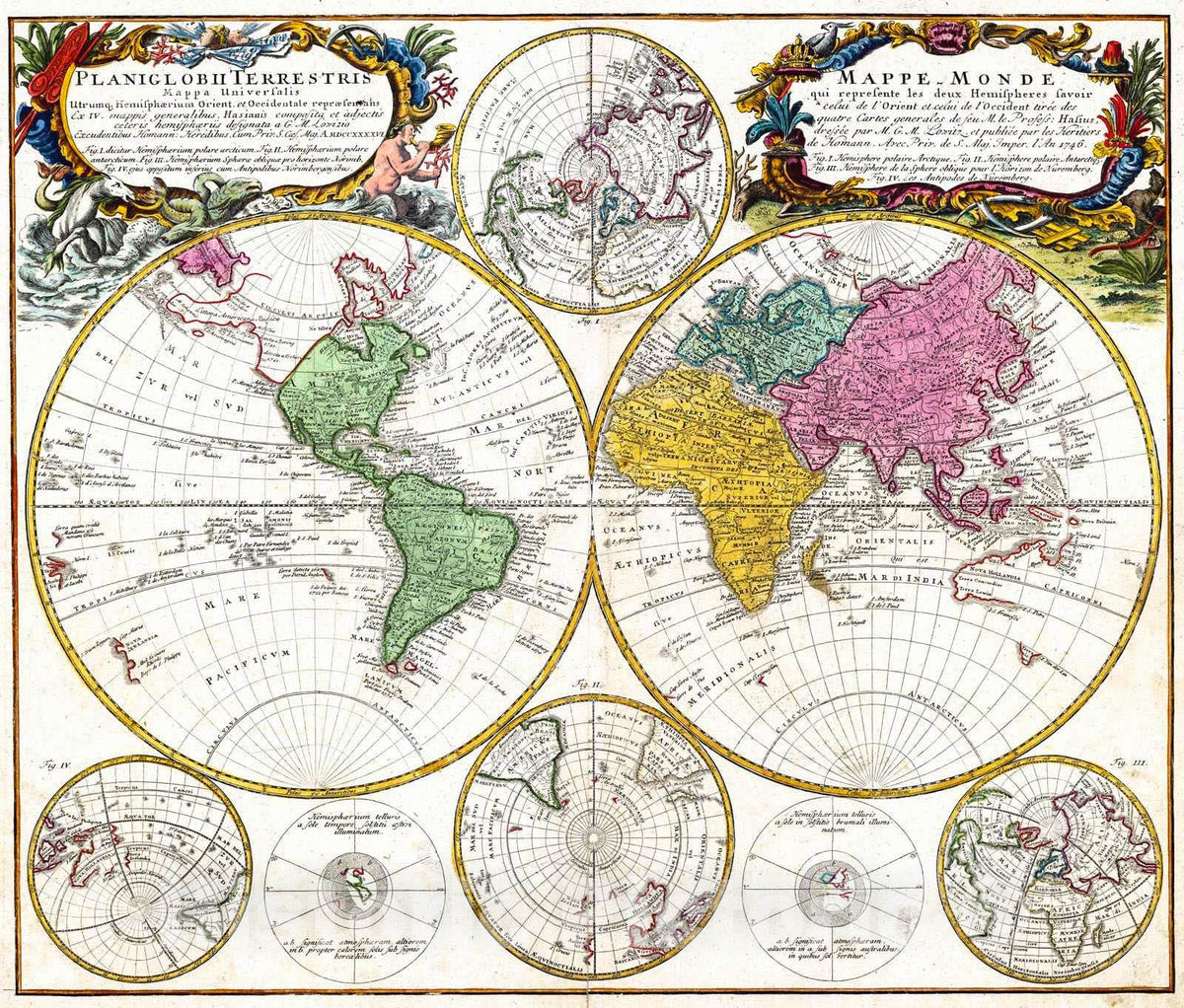 Historic Map : 1746 Planiglobii terrestris mappa universalis utrum qb hemisphaerium orient et occidentale repraesentans : Vintage Wall Art