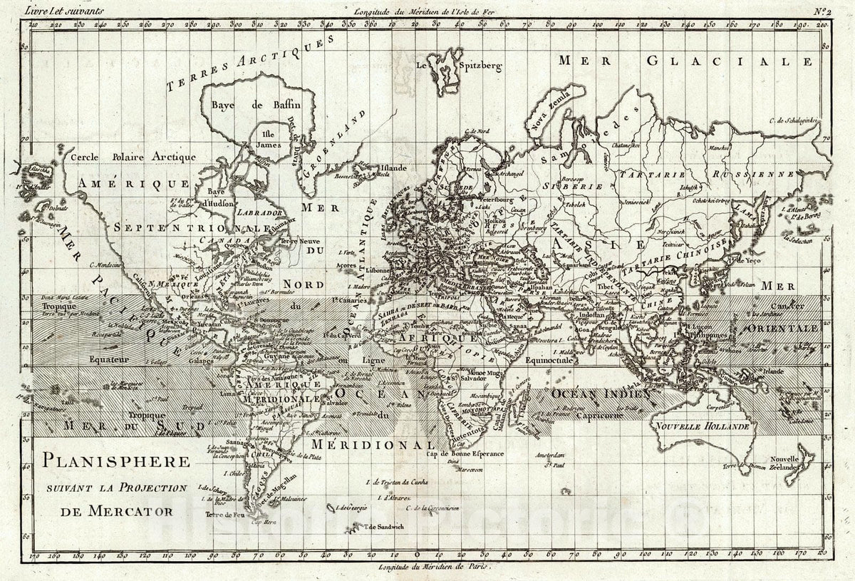 Historic Map : 1780 Planisphere suivant la Projection de Mercator : Vintage Wall Art
