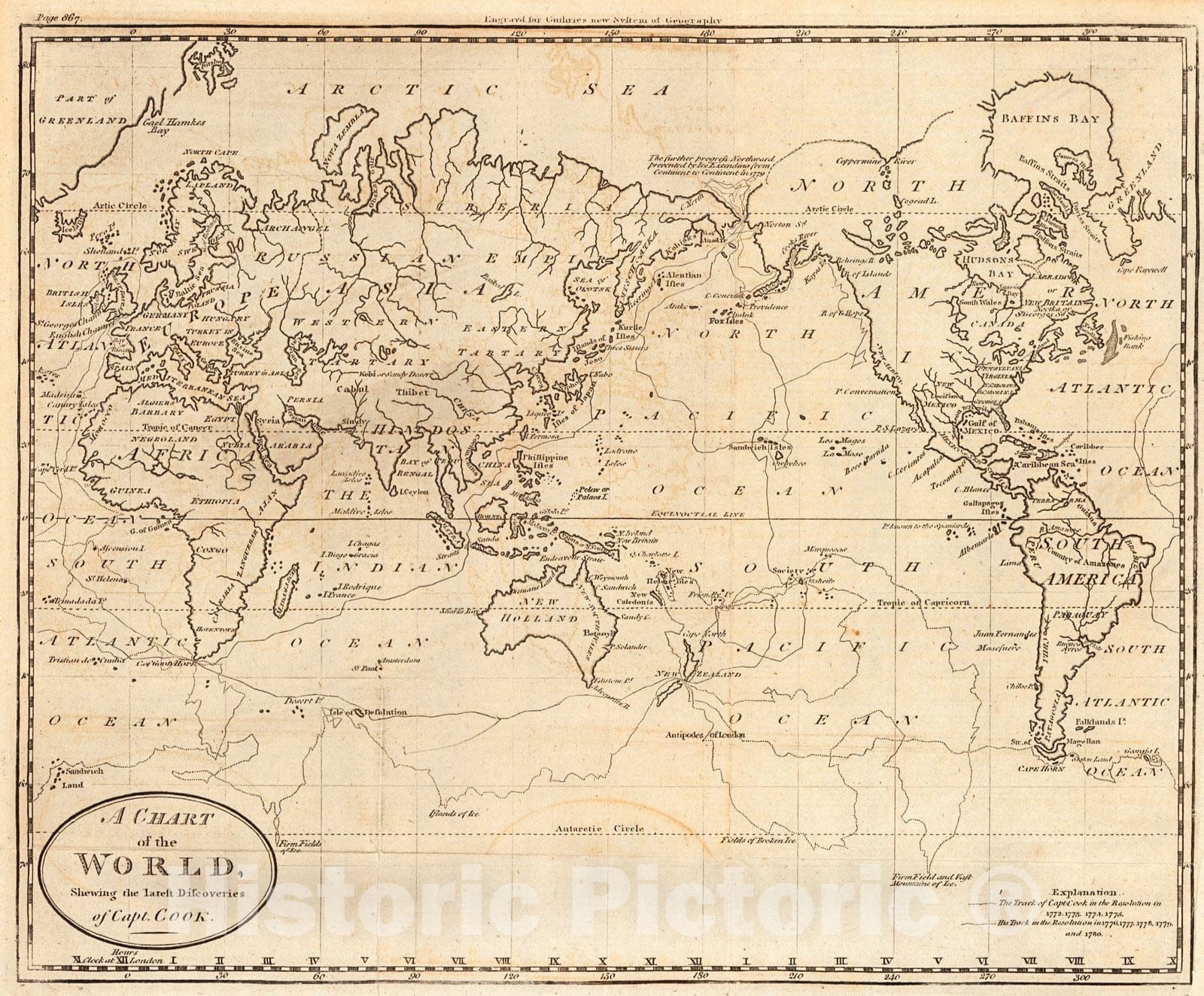 Historic Map : 1785 A Chart of the World, Showing the Latest Discoveries of Capt. Cook : Vintage Wall Art
