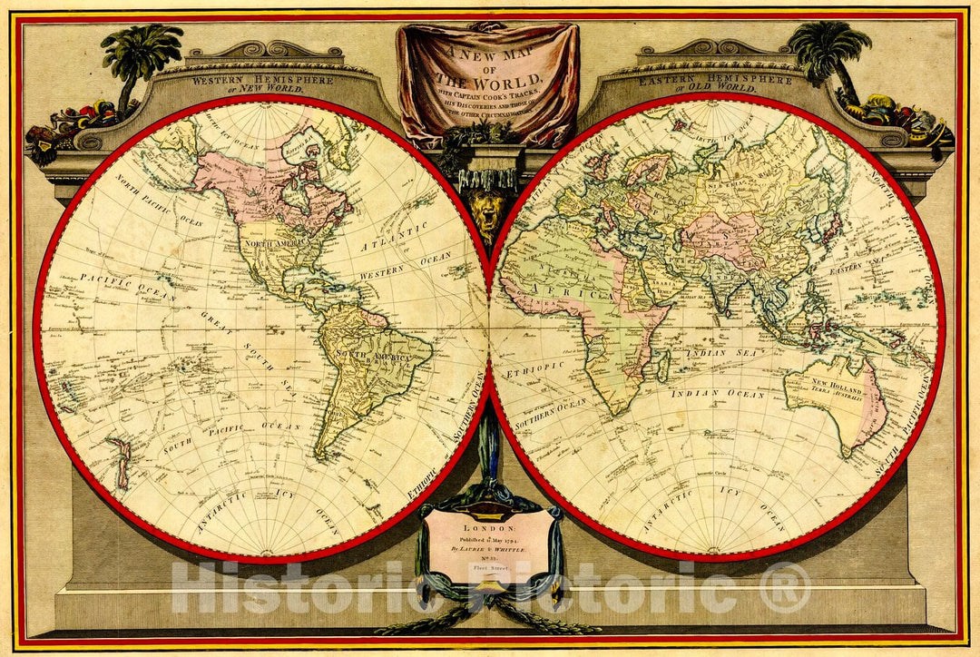 Historic Map : 1794 A new map of the world with Captain Cook's tracks, his discoveries and those of the other circumnavigators : Vintage Wall Art