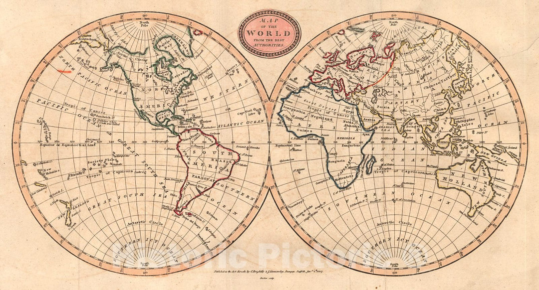 Historic Map : 1807 Map of the World from the Best Authorities : Vintage Wall Art