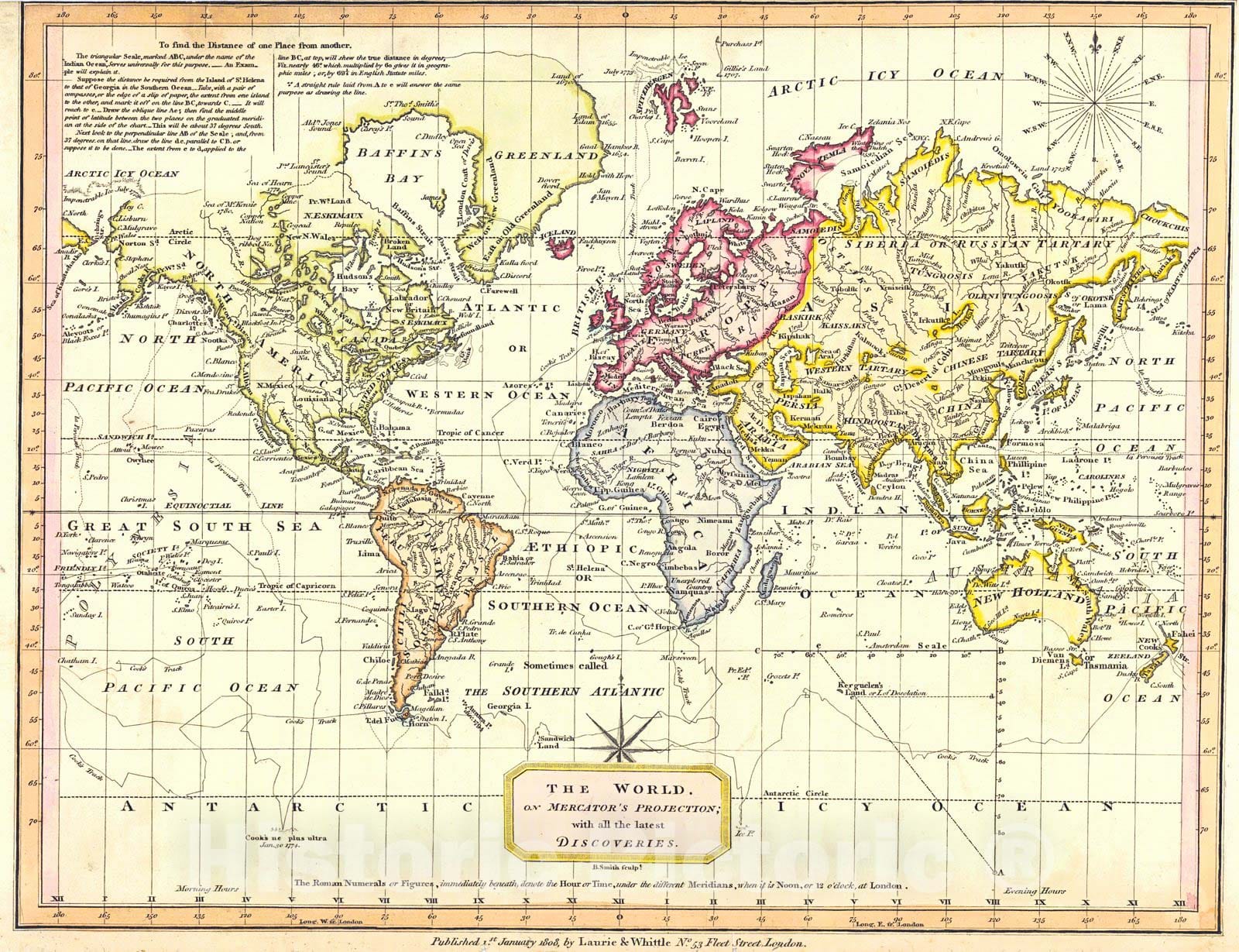 Historic Map : 1808 The World on Mercator's Projection with all the latest discoveries : Vintage Wall Art