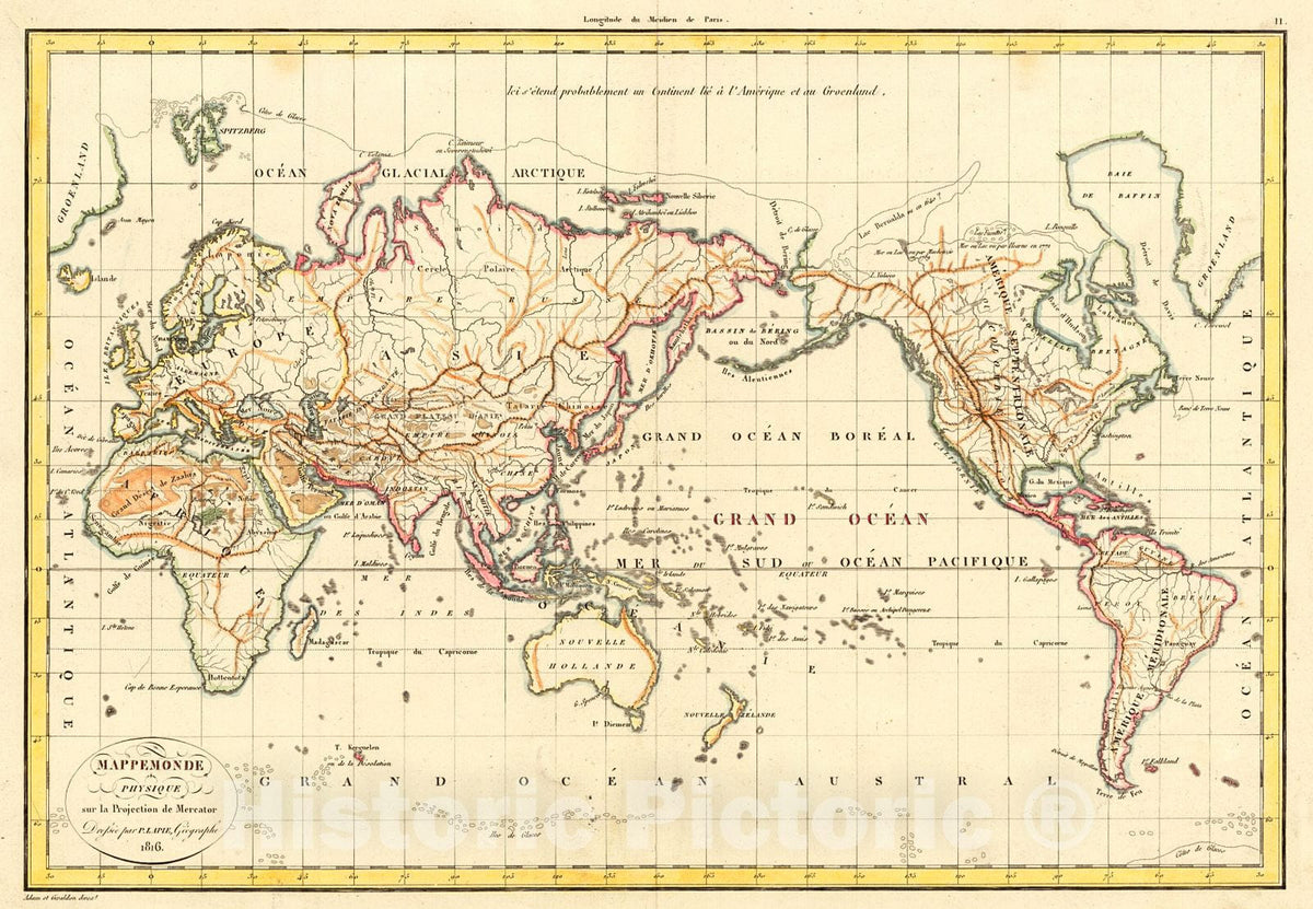 Historic Map : 1816 Mappemonde Physique sur la Projection de Mercator : Vintage Wall Art