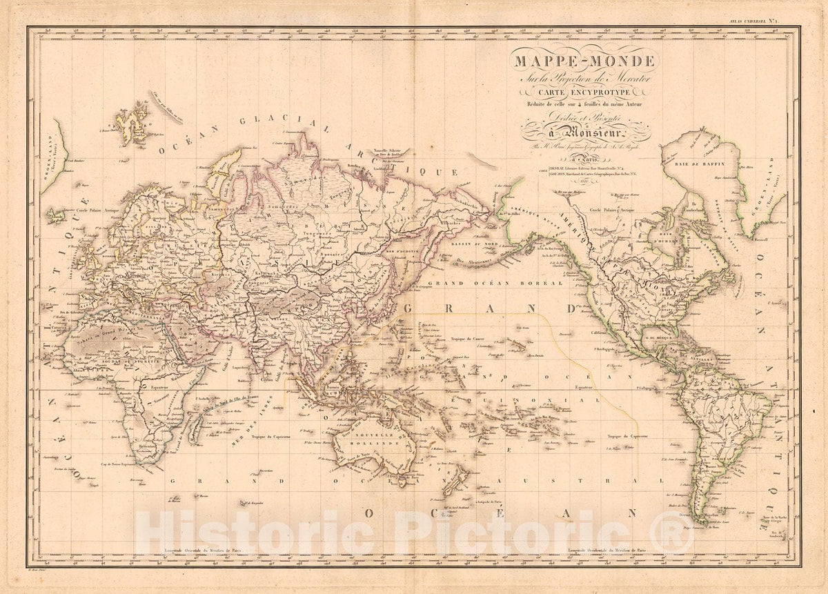 Historic Map : 1816 Mappe-Monde sur la Projection de Mercator : Vintage Wall Art