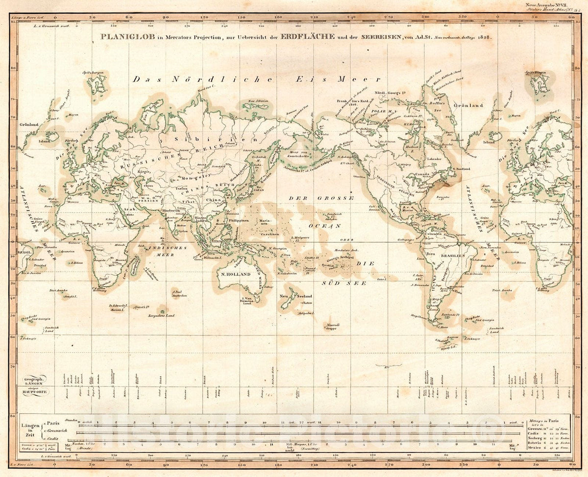 Historic Map : 1828 Planiglob in Mercator's Projection : Vintage Wall Art