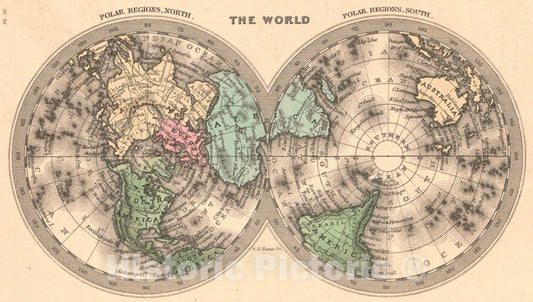 Historic Map : 1832 The World, showing the North and South Polar Regions : Vintage Wall Art