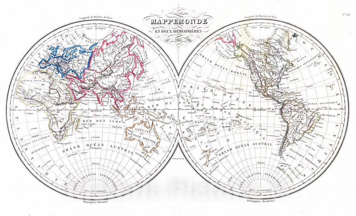 Historic Map : 1833 Mappe Monde en Deux hemispheres : Vintage Wall Art