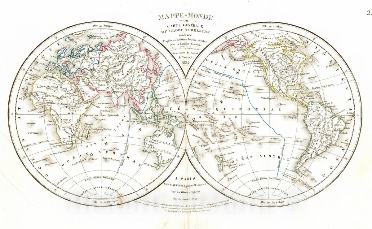 Historic Map : 1834 Mappe Monde ou Carte Generale du Globe Terrestre : Vintage Wall Art