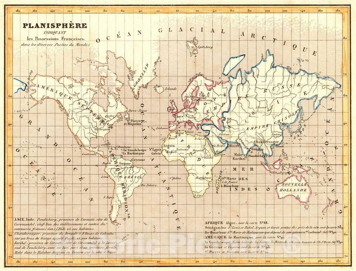 Historic Map : 1836 Planisphere indiquant les Possessions Francaises dans les diverses Parties du Monde : Vintage Wall Art