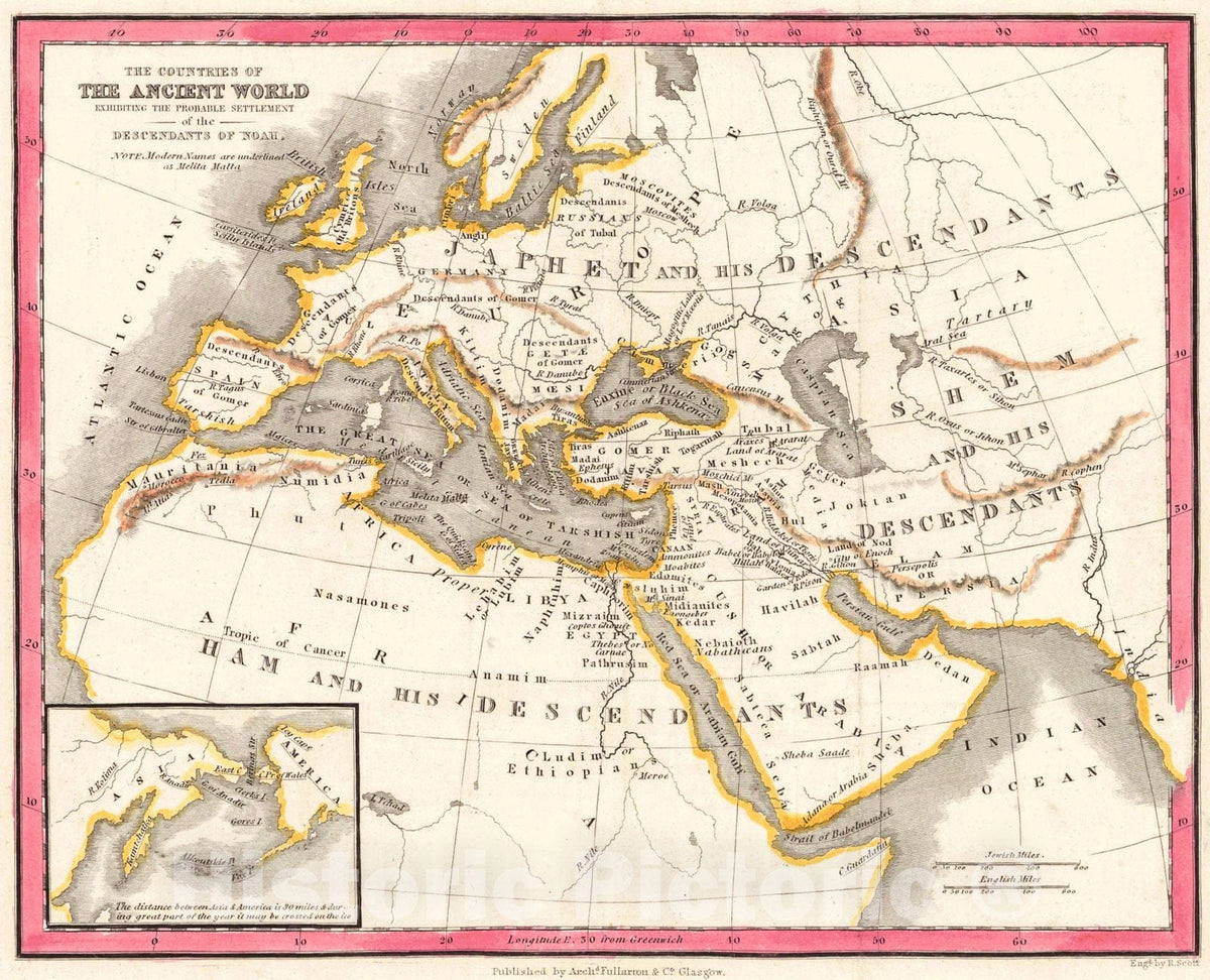 Historic Map : 1840 The Countries of the Ancient World Exhibiting the Probable Settlement of the Descendants of Noah : Vintage Wall Art