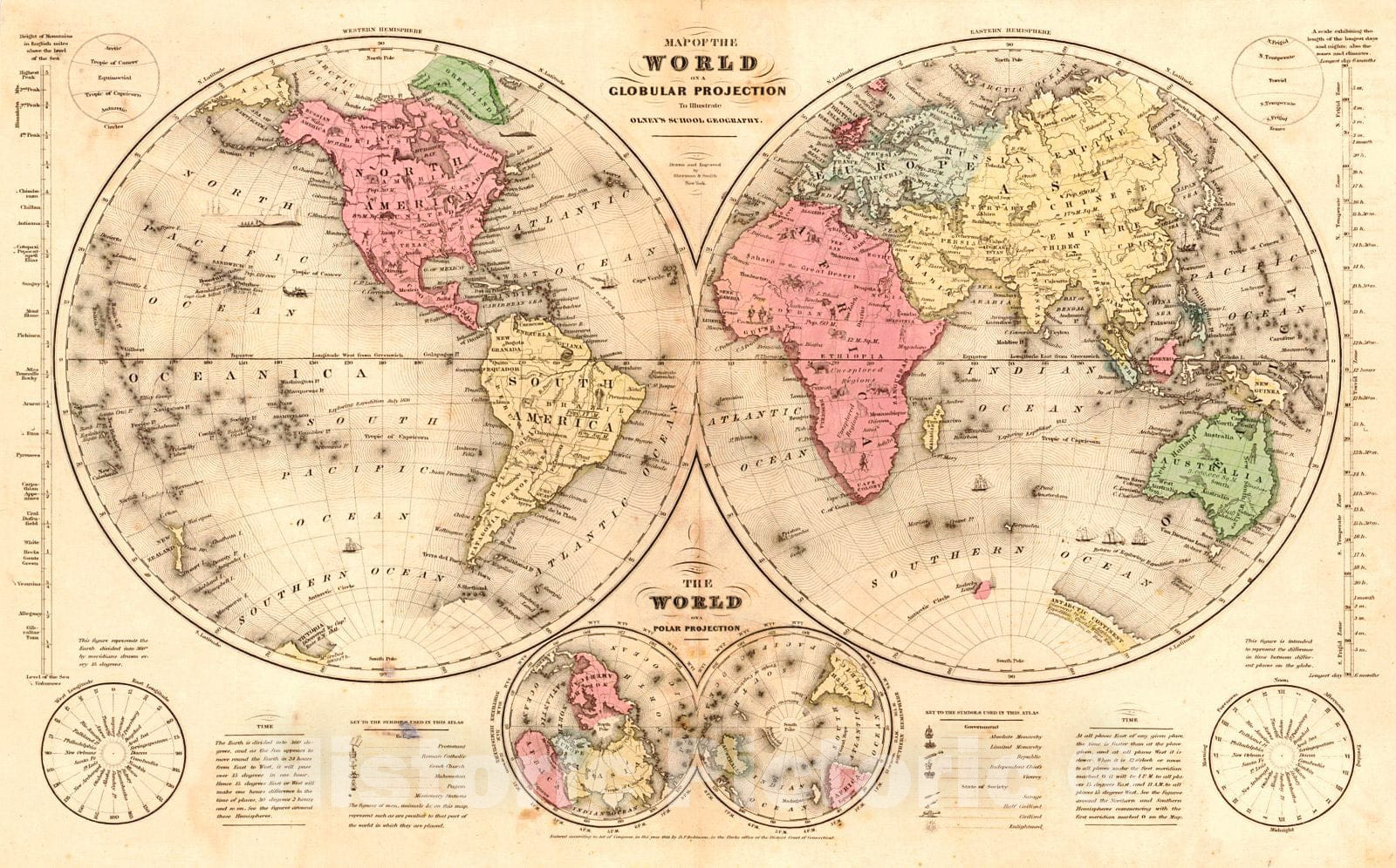 Historic Map : 1844 Map of the World on a Globular Projection  : Vintage Wall Art