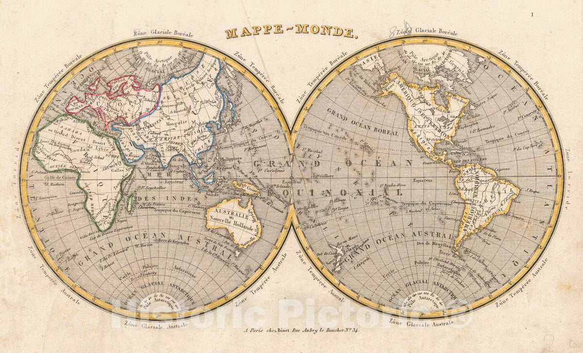 Historic Map : 1844 Mappe-Monde : Vintage Wall Art