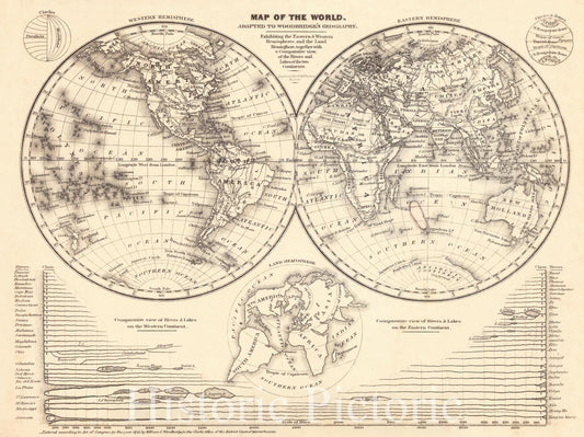 Historic Map : 1845 Map of the World Adapted to Woodbridge's Geography of the Eastern & Western Hemispheres,  together with a Comparative View of the Rivers anmd Lakes : Vintage Wall Art
