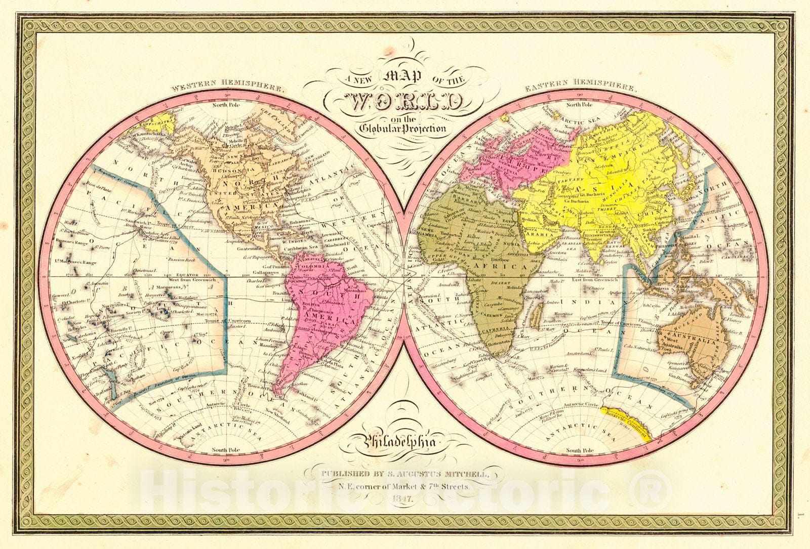 Historic Map : 1847 A New Map of the World on the Globular Projection : Vintage Wall Art