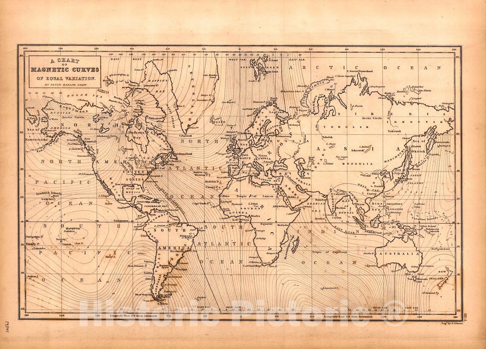 Historic Map : 1847 A Chart of Magnetic Curves of Equal Variation : Vintage Wall Art