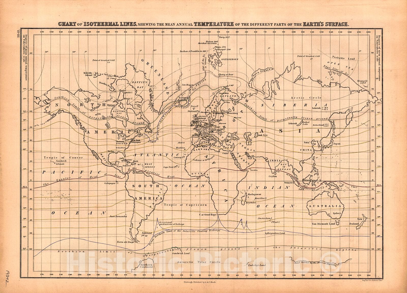 Historic Map : 1847 Chart of Isothermal LInes showing the Mean Annual Temperature of the different parts of the Earth's Surface  : Vintage Wall Art