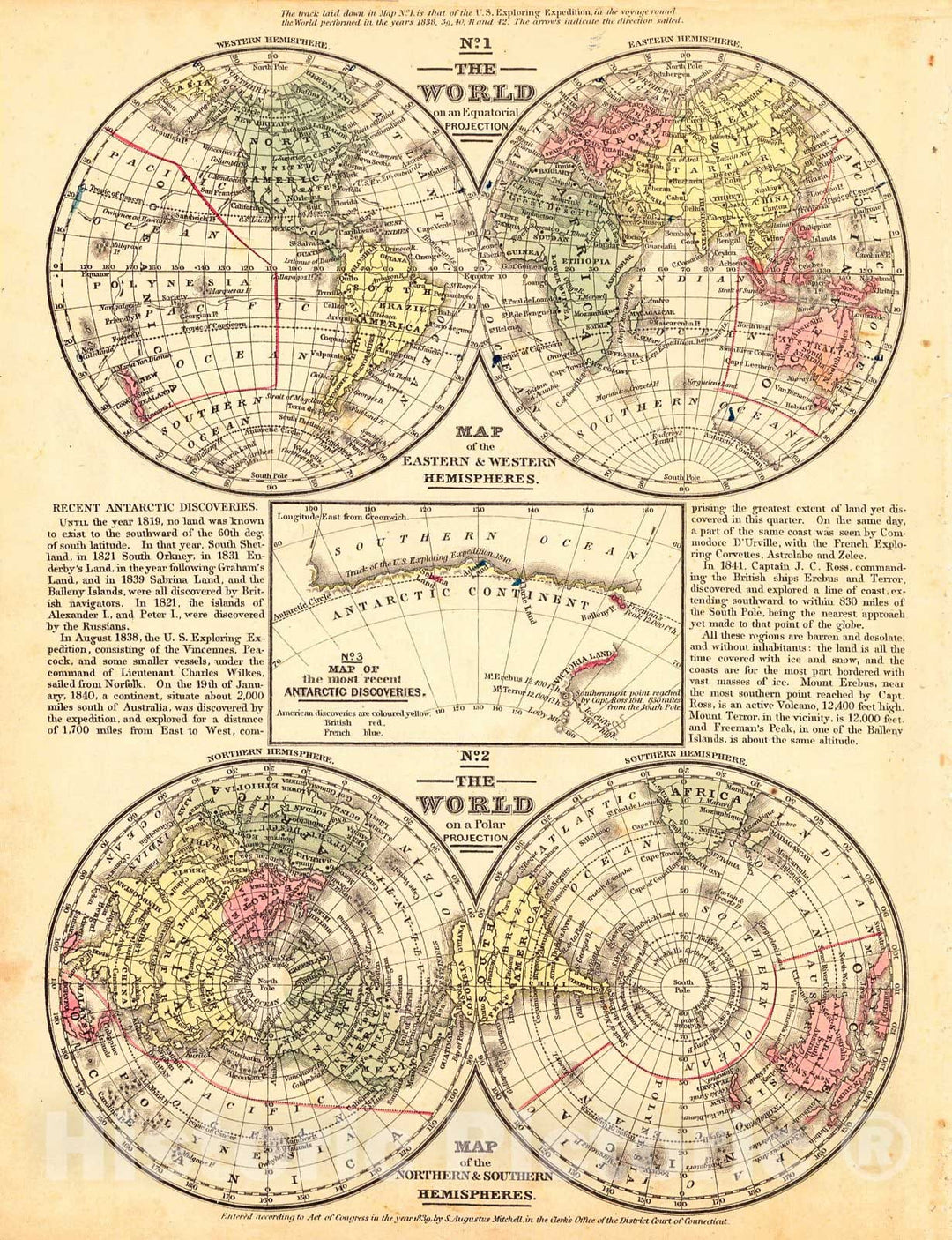 Historic Map : 1848 No. 1 The World on an Equatorial Projection - No. 2. The Wolrd on a Polar Projection : Vintage Wall Art