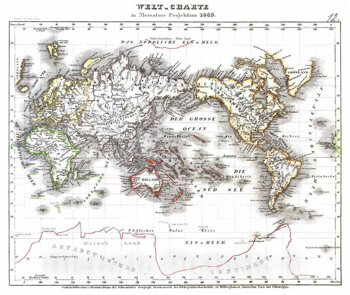 Historic Map : 1849 Welt-Charte in Mercators Projection : Vintage Wall Art