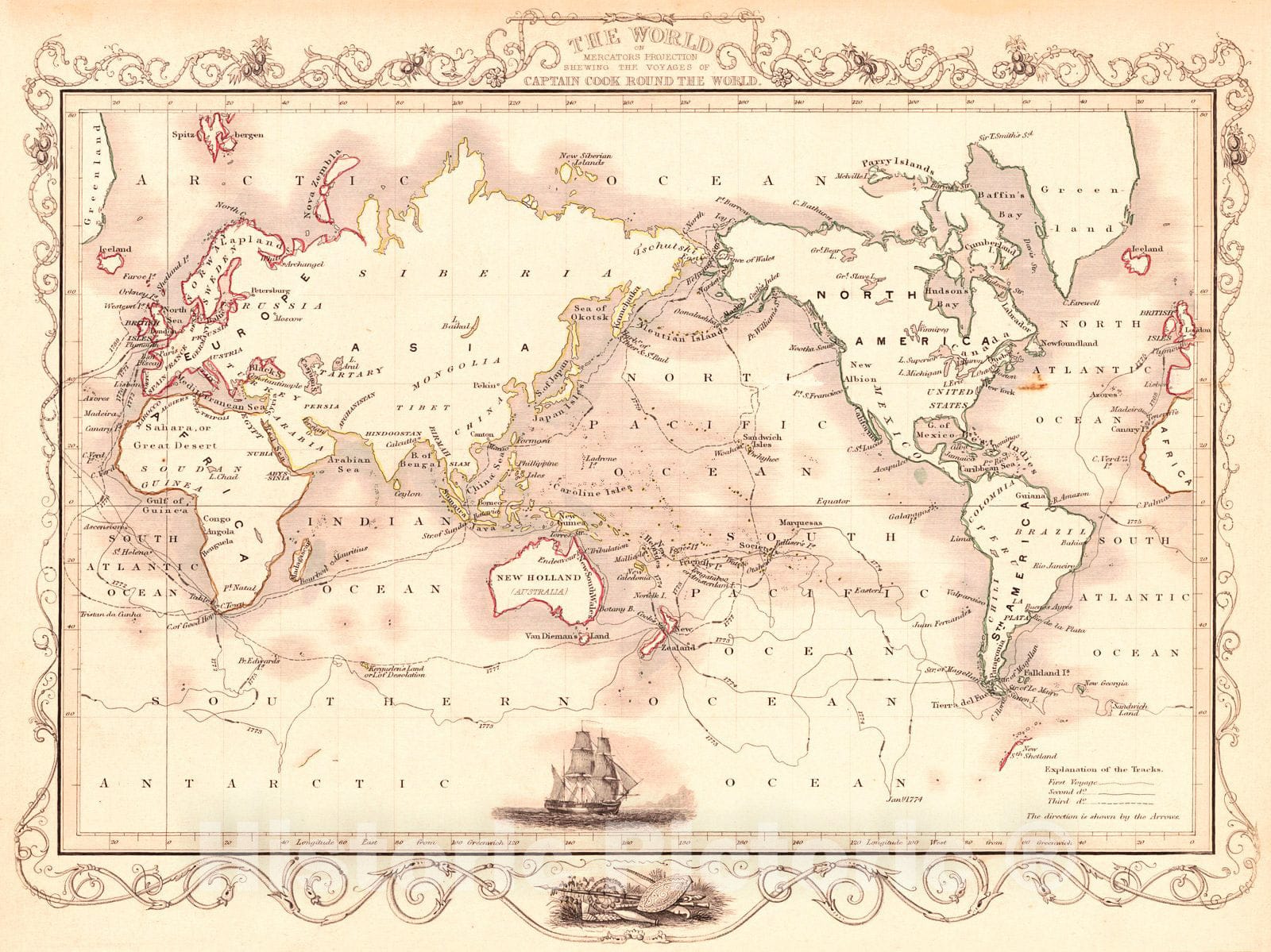 Historic Map : 1851 The World on Mercator's Projection showing the Voyages of Captain Cook Round the World : Vintage Wall Art