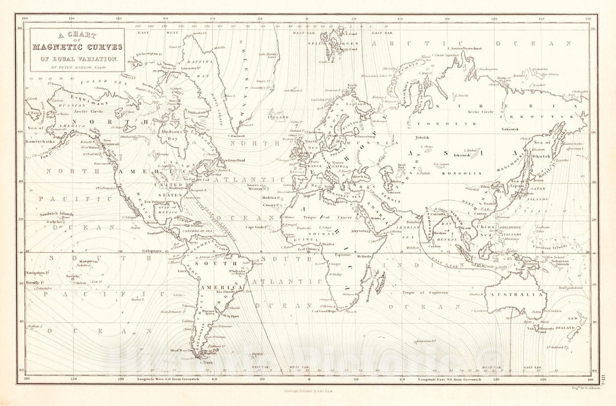 Historic Map : 1854 A Chart of Magnetic Curves of Equal Variation : Vintage Wall Art