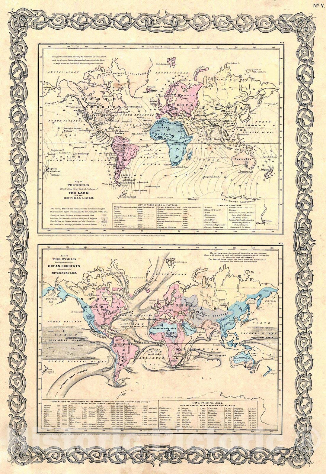 Historic Map : 1855 Map of the World Illustrating the Principal features of the Land and Co-Tidal Lines : Vintage Wall Art