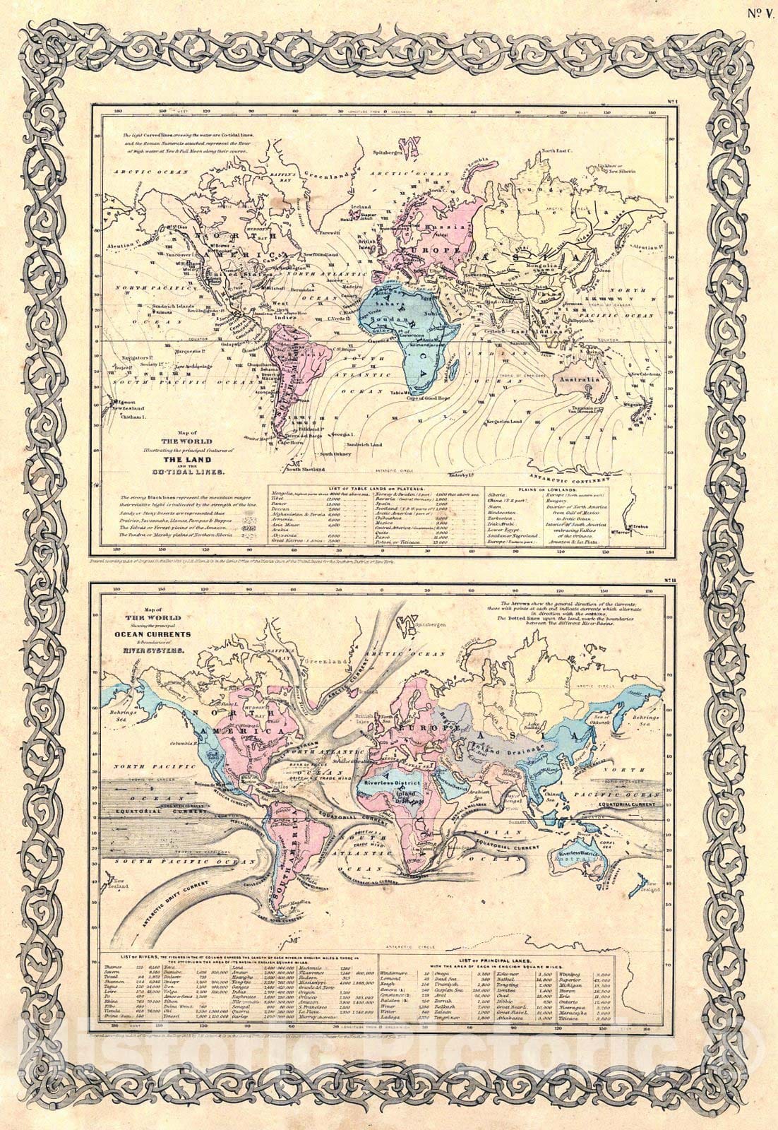 Historic Map : 1855 Map of the World Illustrating the Principal features of the Land and Co-Tidal Lines : Vintage Wall Art