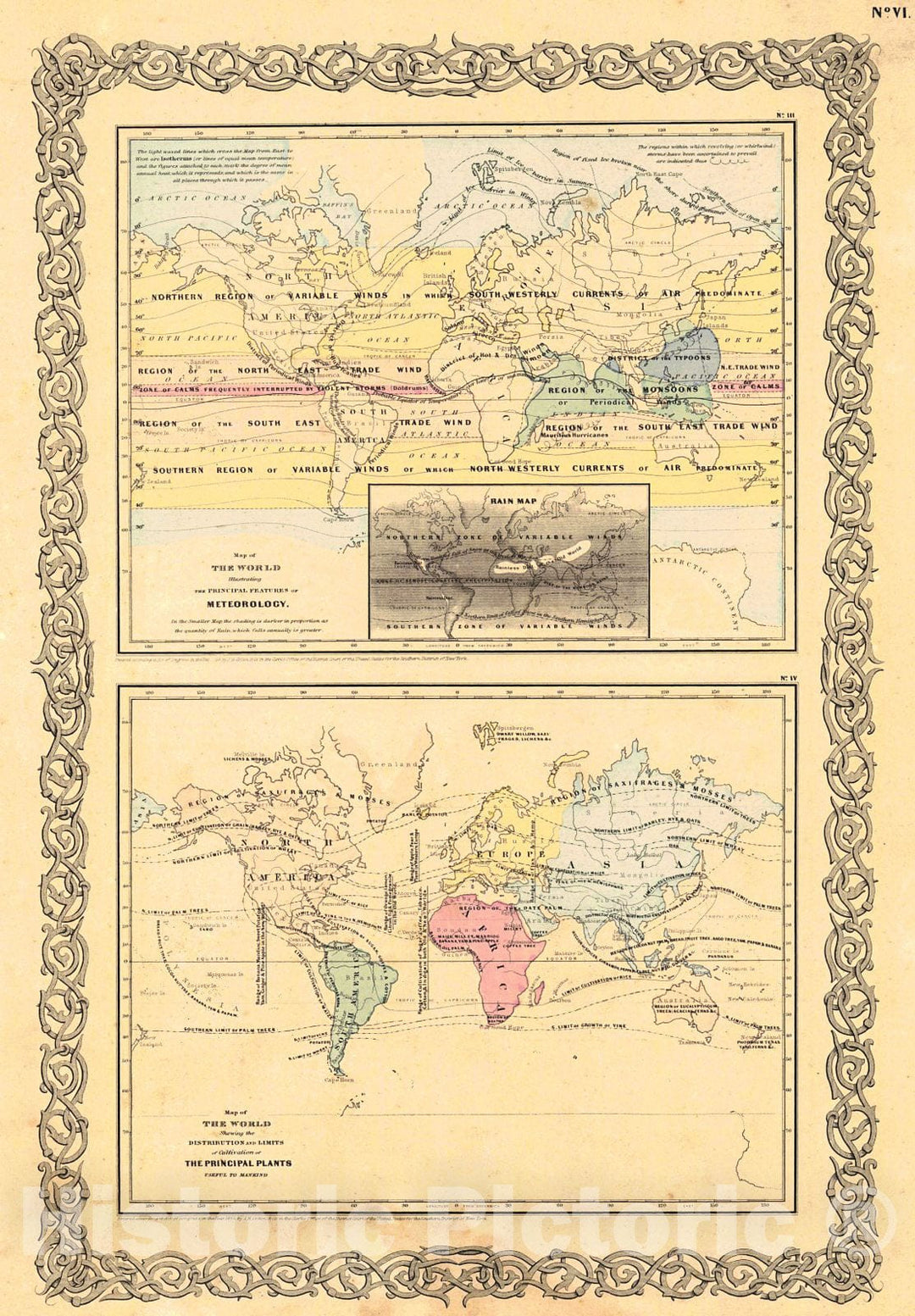 Historic Map : NY: J.H. Colton, 1855; from his              Map of the World Illustrating the Principal features of Meteorology : Vintage Wall Art