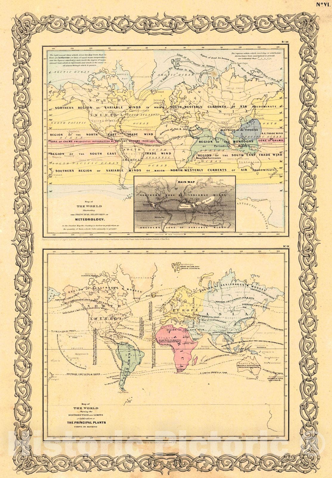 Historic Map : NY: J.H. Colton, 1855; from his              Map of the World Illustrating the Principal features of Meteorology : Vintage Wall Art