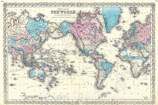 Historic Map : 1855 Colton's Map of the World on Mercator's Projection : Vintage Wall Art