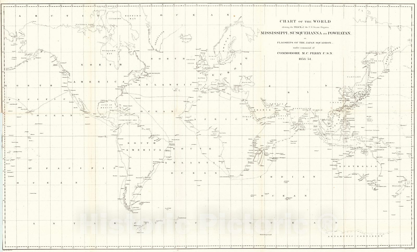 Historic Map : 1856 Chart of the Wolrd Showing the U.S. Steam Frigates Mississippi, Susquehanna and Powhatan, under Command of Commodore M.C. Perry : Vintage Wall Art