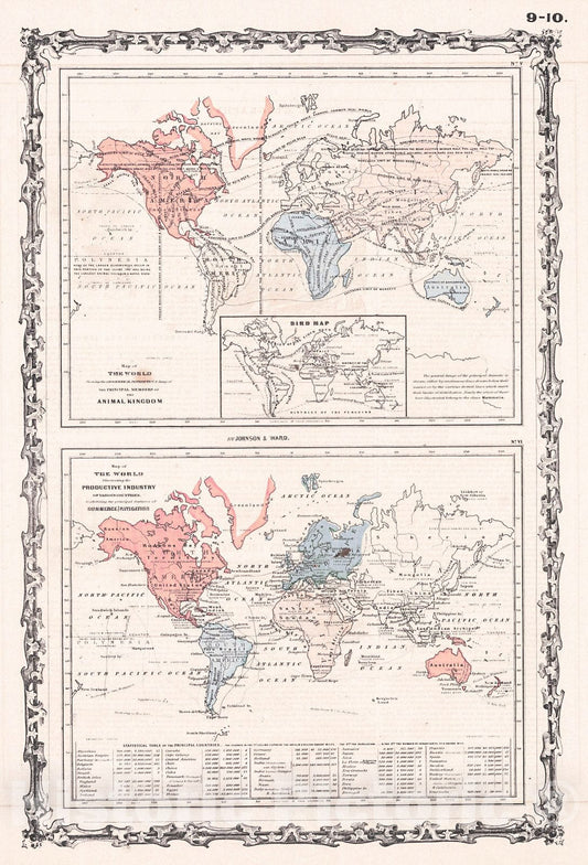 Historic Map : 1862 Map of the World Showing the Geographical Distribution and Range of the Principal Members of the Animal Kingdom, Alvin J. Johnson : Vintage Wall Art