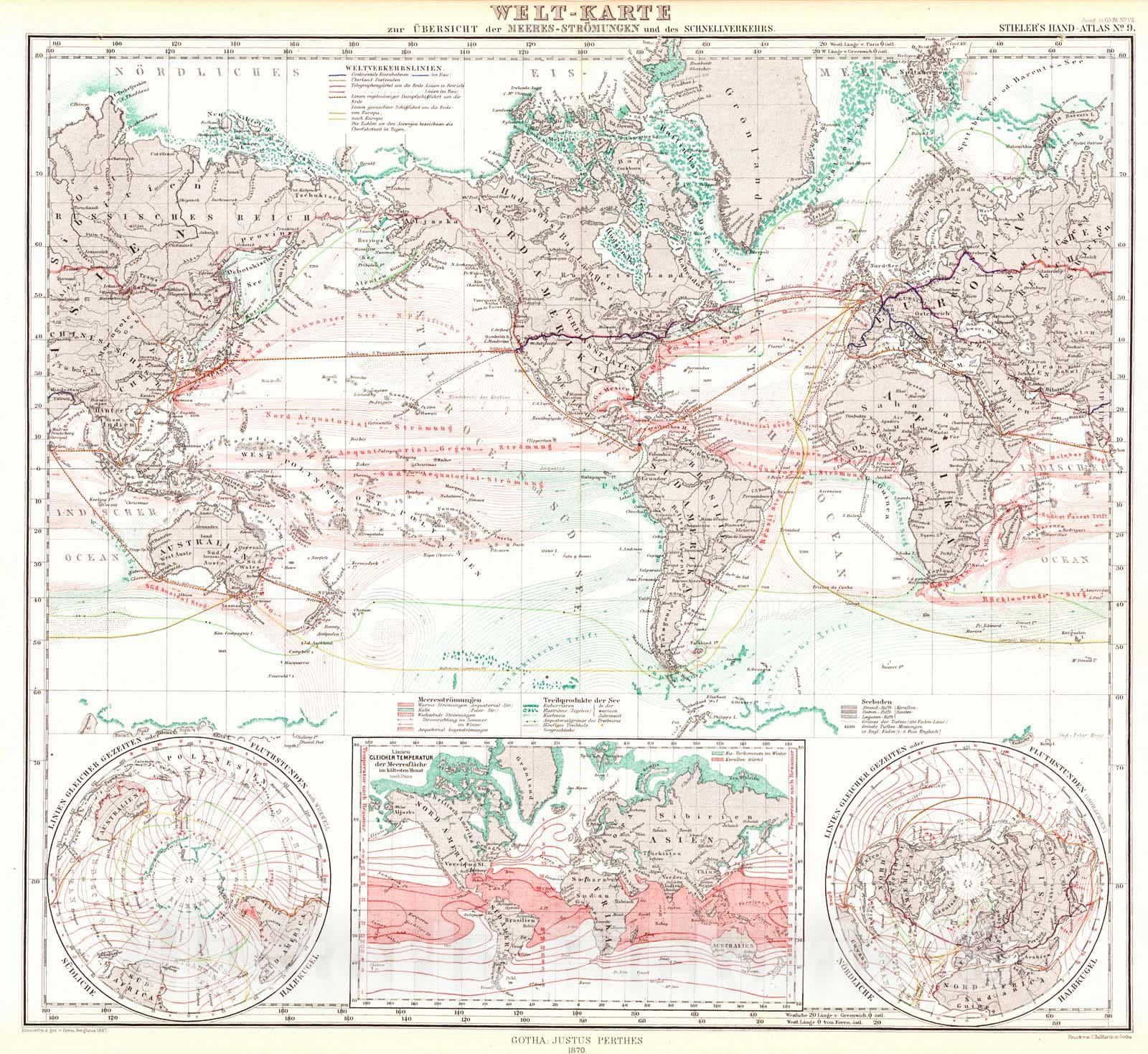 Historic Map : 1870 Welt-Karte zur &Uuml;bersicht der Meers - StOmungen und des Schnellverkehrs : Vintage Wall Art